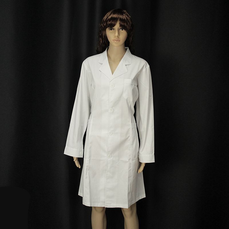 实验服(翻领,女士) 材质:65%涤纶,35%棉;型号:L(大号);适用身高:165-170cm;身长:108cm;胸围:120cm;肩宽:46cm;袖长:62cm