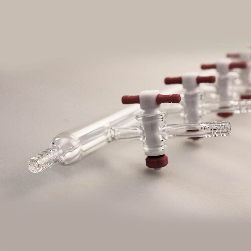 单排管真空气体分配器,带四氟节门 节门组数:6;节门孔径:4mm;主管外径:22mm;节门间距:75mm;类型:左右两侧各有一个外径10mm的导气小咀