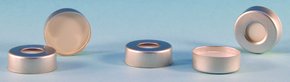 带 PTFE/硅胶隔垫的钳口密封盖 Crimp seals with PTFE/silicone septa silver aluminum seal, seal diam. 20 mm, open