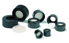 带有 PTFE/硅胶隔垫的带孔螺纹盖 Assembled screw cap with hole with PTFE/silicone septum black polypropylene cap,