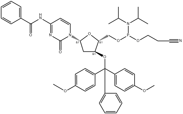 N-苯甲酰基-5<i></i>'-O-[(二异丙基氨)-(2-氰基乙氧基)氧磷基]-3<i></i>'-O-(4,4<i></i>'-二甲氧基三苯甲基)-2<i></i>'-脱氧胞啶 结构式