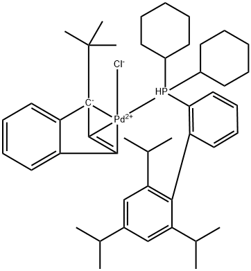 氯(1-叔丁基茚基)[2-(二环己基膦)-2<i></i>',4<i></i>',6<i></i>'-三-异丙基-1,1<i></i>'-联苯]钯(II) 结构式