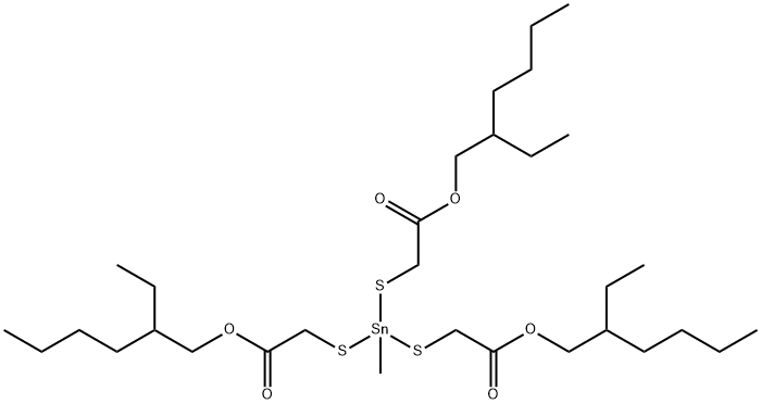 三(2-乙基己基) 2,2<i></i>',2<i></i>'<i></i>'-((甲基锡烷三基)三(硫烷二基))三乙酸酯 结构式