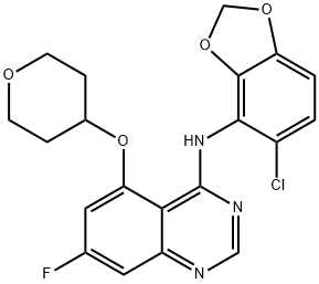 4-(6-氯-2,3-亞甲基二氧基苯胺)-7-氟-5-四氫吡喃-4-基氧基喹唑啉 結(jié)構(gòu)式