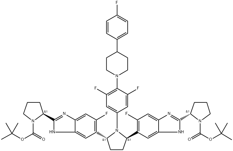 (2S,2<i></i>'S)-[[(2R, 5R)-1-[3,5-二氟-4-(4-(4-氟苯基)哌啶-1-基)苯胺]-2,5-双四氢吡咯基]双[6-氟-2-(2S)-2-四氢吡咯-1H-苯并咪唑-2,5-二基)]双(1-四氢吡咯甲酸叔丁酯) 结构式