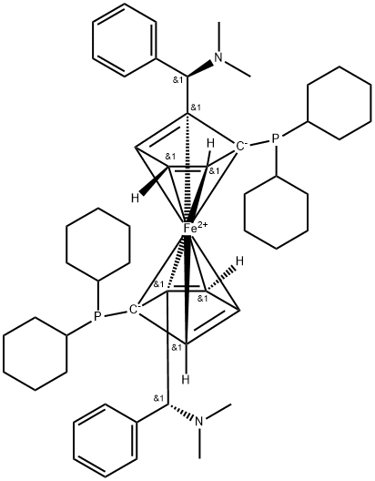 (ΑR,ΑR)-2,2<i></i>'-双(Α-N,N-二甲氨苯甲基)-(S,S)-1,1′-双(二环己磷氢)二茂铁 结构式