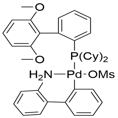 甲磺酸(2-二环己基膦-2<i></i>',6<i></i>'-二甲氧基-1,1<i></i>'-联苯基)(2<i></i>'-氨基-1,1<i></i>'-联苯-3-基)钯(II) 结构式