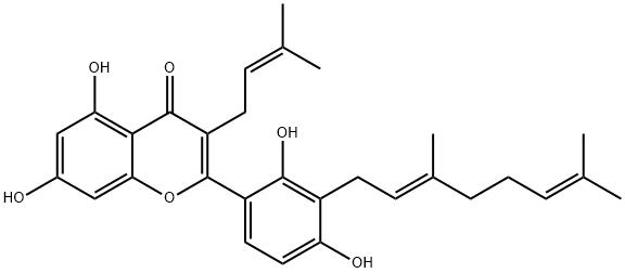 3<i></i>'-香叶草基-3-异戊烯基-2<i></i>',4<i></i>',5,7-四羟基黄酮 结构式