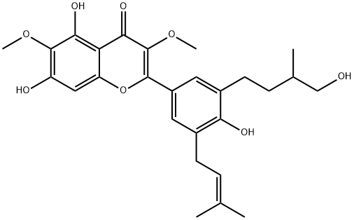 5,7,4<i></i>'-三羟基-3<i></i>'-(4-羟基-3-甲基丁基)-5<i></i>'-(3-甲基丁-2-烯基)-3,6-二甲氧基黄酮 结构式