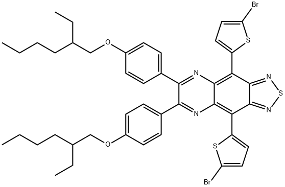 [1,2,5]Thiadiazolo[3,4-g]quinoxaline,4,9-bis(5-bromo-2-thienyl)-6,7-bis[4-[(2-ethylhexyl)oxy]phenyl]- 結(jié)構(gòu)式