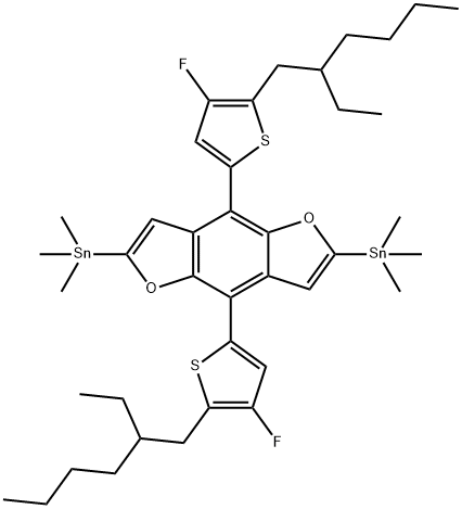 Stannane, 1,1<i></i>'-[4,8-bis[5-(2-ethylhexyl)-4-fluoro-2-thienyl]benzo[1,2-b:4,5-b<i></i>']difuran-2,6-diyl]bis[1,1,1-trimethyl- 结构式