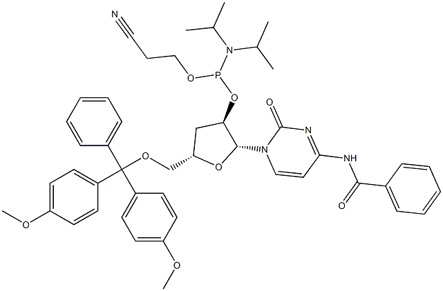 N-苯甲酰基-5<i></i>'-O-[二(4-甲氧基苯基)苯基甲基]-3<i></i>'-脱氧胞苷 2<i></i>'-[2-氰基乙基 二异丙基氨基亚磷酸酯] 结构式