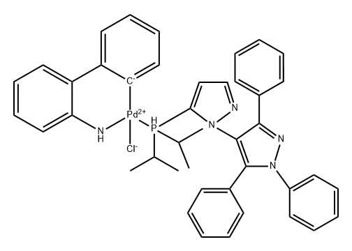 氯[5-二异丙基膦-1<i></i>',3<i></i>',5<i></i>'-三苯基-1,4<i></i>'-二-1H-吡唑](2<i></i>'-氨基-1,1<i></i>'-联苯-2-基)钯(II) 结构式