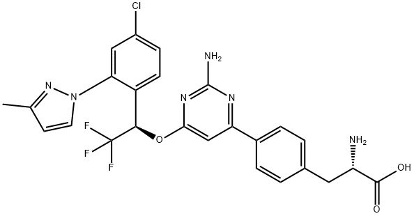 (2S)-2-AMINO-3-[4-[2-AMINO-6-[(1R)-1-[4-CHLORO-2-(3-METHYLPYRAZOL-1-YL)PHENYL]-2,2,2-TRIFLUOROETHOXY]PYRIMIDIN-4-YL]PHENYL]PROPANOIC ACID, TELOTRISTAT 結構式