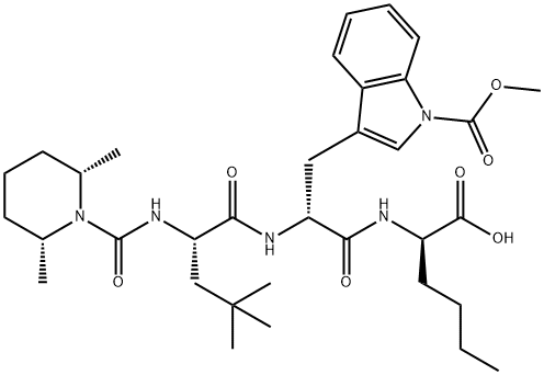 (2R)-2-[[(2R)-2-AMINO-3-(1-METHOXYCARBONYLINDOL-3-YL)PROPANOYL]-[(2S)-2-[[(2R,6S)-2,6-DIMETHYLPIPERIDINE-1-CARBONYL]AMINO]-4,4-DIMETHYLPENTANOYL]AMINO]HEXANOIC ACID 結(jié)構(gòu)式