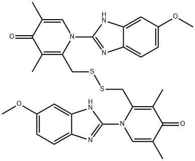 2,2<i></i>'-(disulfanediylbis(methylene))bis(1-(5-methoxy-1H-benzo[d]imidazol-2-yl)-3,5-dimethylpyridin-4(1H)-one) 结构式