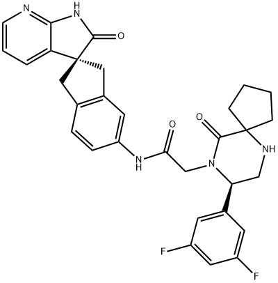 (8R)-8-(3,5-二氟苯基)-10-氧代-N-[(2R)-1,1<i></i>',2<i></i>',3-四氢-2<i></i>'-氧代螺[2H-茚-2,3<i></i>'-[3H]吡咯并[2,3-B]吡啶]-5-基]-6,9-二氮杂螺[4.5]癸烷-9-乙酰胺 结构式