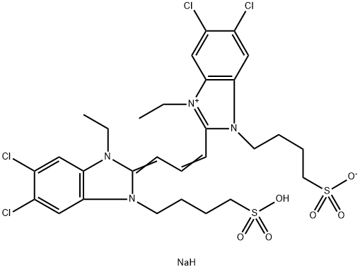 5,6-二氯-2-[[5,6-二氯-1-乙基-3-(4-磺酸基丁基)苯并咪唑-2-亚基]]丙烯基]-1-乙基-3-(4-磺酸基丁基)苯并咪唑内盐钠盐, 18462-64-1, 结构式