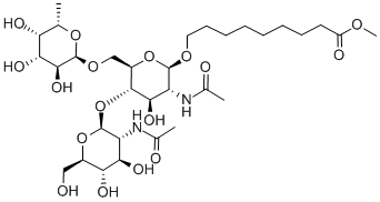 9-[[O-2-(乙酰氨基)-2-脱氧-BETA-D-吡喃葡萄糖基-(1-4)-O-[6-脱氧-ALPHA-L-吡喃半乳糖基-(1-6)]-2-(乙酰氨基)-2-脱氧-BETA-D-吡喃葡萄糖基]氧基]壬酸甲酯, 106445-35-6, 结构式