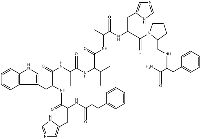 去氨基苯丙氨酰-组氨酰-色氨酰-丙氨酰-缬氨酰-D-丙氨酰-组氨酰-D-吡咯烷2-甲基-苯丙氨酰胺, 142061-53-8, 结构式