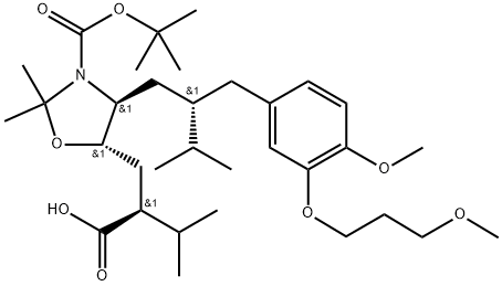 (ΑS,4S,5S)- 3-[(叔丁氧基)羰基]-4-[(2S)-2-[[4-甲氧基-3-(3-甲氧基丙氧基)苯基]甲基]-3-甲基丁基]-2,2-二甲基-Α-异丙基-5-噁唑烷丙酸, 172900-88-8, 结构式