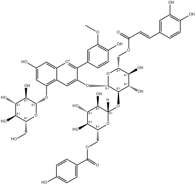 芍药色素-3-O-[6-O-(E)-咖啡酰-2-O-{6-O-对羟基苯甲酰-Β-D-葡萄糖苷}-Β-D-葡萄糖苷]-5-O-Β-D-葡萄糖苷, 185044-14-8, 结构式