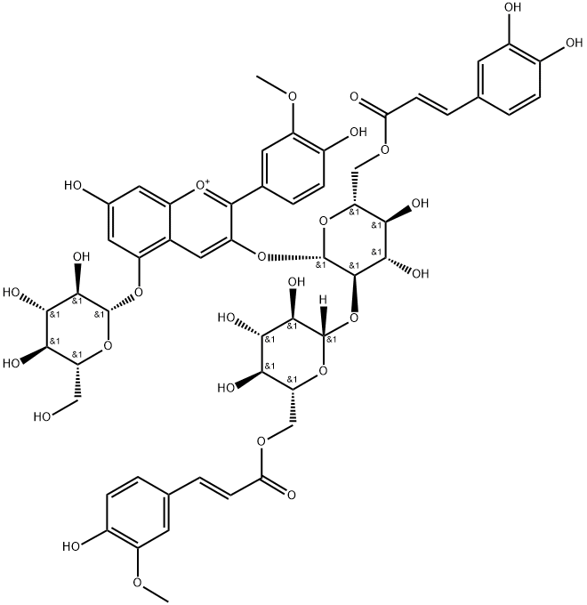 芍药色素-3-O-[6-O-(E)-咖啡酰-2-O-{6-O-(E)-阿魏酰-Β-D-葡萄糖苷}-Β-D-葡萄糖苷]-5-O-Β-D-葡萄糖苷, 185044-15-9, 结构式