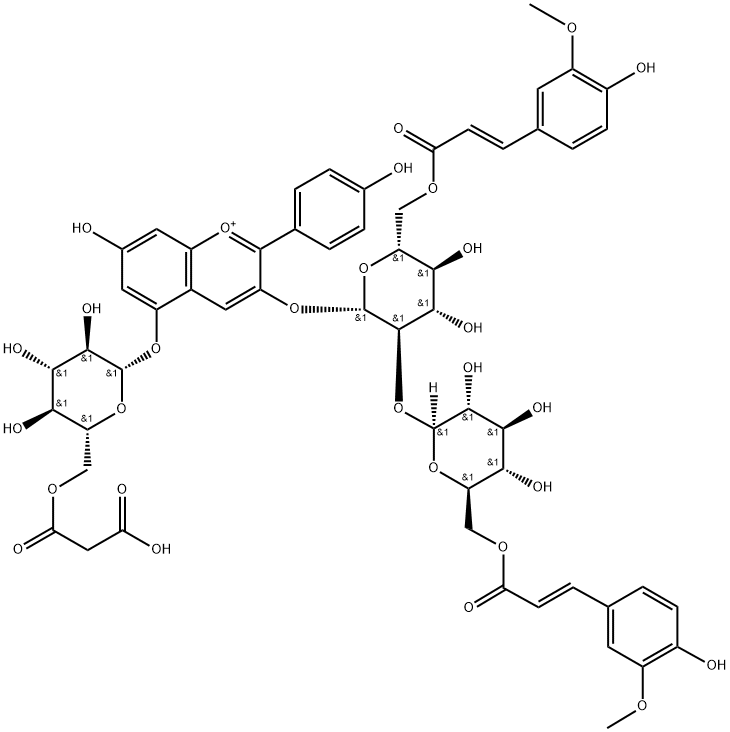 天竺葵色素-3-O-[6-O-(E)-阿魏酰基-2-O-{6-O-(E)-阿魏酰基-Β-D-葡萄糖苷}-Β-D-葡萄糖苷]-5-O-(6-O-丙二酰基)-Β-D-葡萄糖苷, 925673-36-5, 结构式