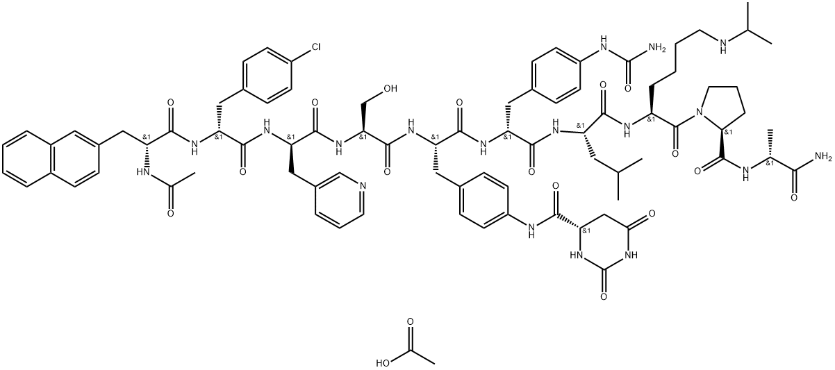 N-乙酰基-3-(萘-2-基)-D-丙氨酰基-4-氯-D-苯丙氨酰基-3-(吡啶-3-基)-D-丙氨酰基-L-丝氨酸-4-((((4S)-2,6-二氧六氢嘧啶-4-基)羰基)氨基)-L-苯丙氨酰基-4-(氨基甲酰基氨基)-D-苯丙氨酰基-L-亮氨酰-N6-(1-甲基乙基)-L-赖氨酰-L-脯氨酰-D-丙氨酰胺乙酸盐水合物, 934246-14-7, 结构式