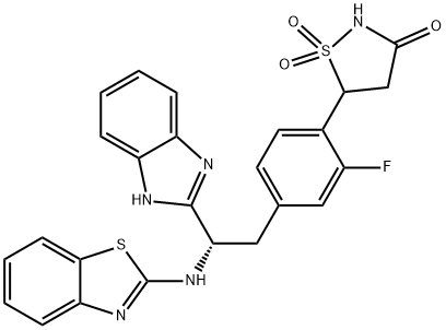 5-[4-[(2S)-2-(1H-苯并咪唑-2-基)-2-(2-苯并噻唑氨基)乙基]-2-氟苯基]-3-异噻唑烷酮 1,1-二氧化物, 850321-90-3, 结构式