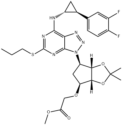 2-[[(3AR,4S,6R,6AS)-6-[7-[[(1R,2S)-2-(3,4-二氟苯基)环丙基]氨基]-5-(丙硫基)-3H-1,2,3-三氮唑并[4,5-D]嘧啶-3-基]四氢-2,2-二甲基-4H-环戊烯并-1,3-二恶茂-4-基]氧基]乙酸甲酯, 274693-25-3, 结构式