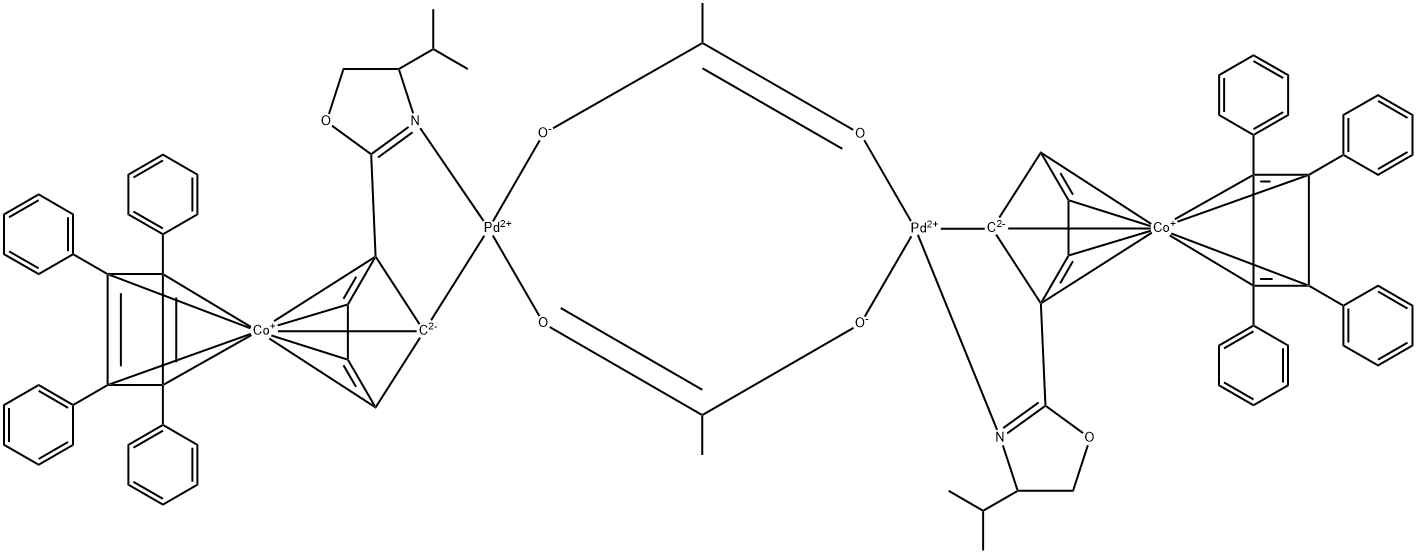 二-Μ-乙酸双[Η5-(R)-(PR)-2-(2′-(4′-甲基乙基)唑啉基)环戊二烯基,1-C,3′-N)(Η4-四苯基环丁二烯)钴]二钯, 849592-74-1, 结构式