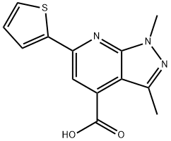 1,3-二甲基-6-噻吩-2-基-吡唑并[5,4-B]吡啶-4-羧酸, 893645-77-7, 结构式