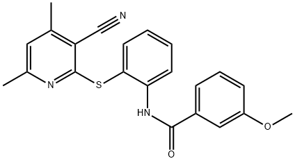 N-(2-((3-氰基-4,6-二甲基吡啶-2-基)硫代)苯基)-3-甲氧基苯甲酰胺, 478045-72-6, 结构式