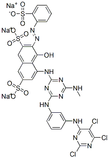 4-羟基-5-[[4-(甲氨基)-6-[[3-[(2,5,6-三氯-4-嘧啶基)氨基]苯基]氨基]-1,3,5,-三嗪-2-基]氨基]-3-[(2-磺酸苯基)偶氮]萘-2,7-二磺酸三钠, 72139-15-2, 结构式