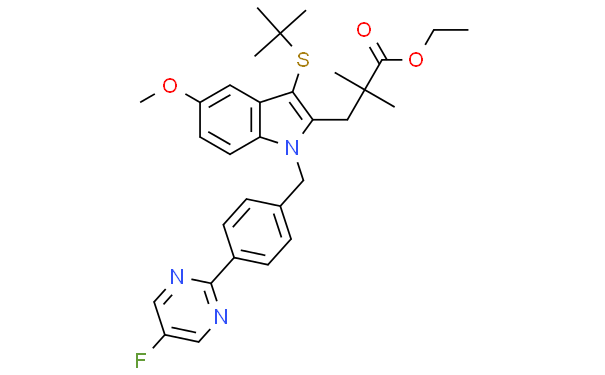 乙基3-(3-(叔丁硫基)-1-(4-(5-氟嘧啶-2-基)苄基)-5-甲氧基-1H-吲哚-2-基)-2,2-二甲基丙酸酯,100mg